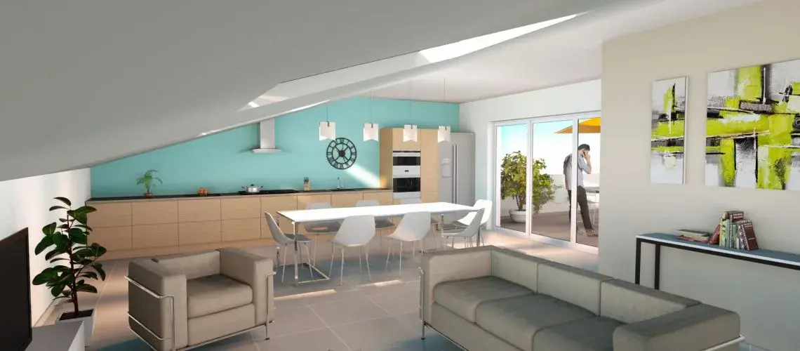Perspective intérieure d'un projet conçu par l'Atelier R-2, architecte à Jaunay-Marigny